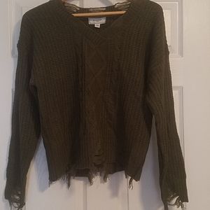 No Comment army green frayed sweater